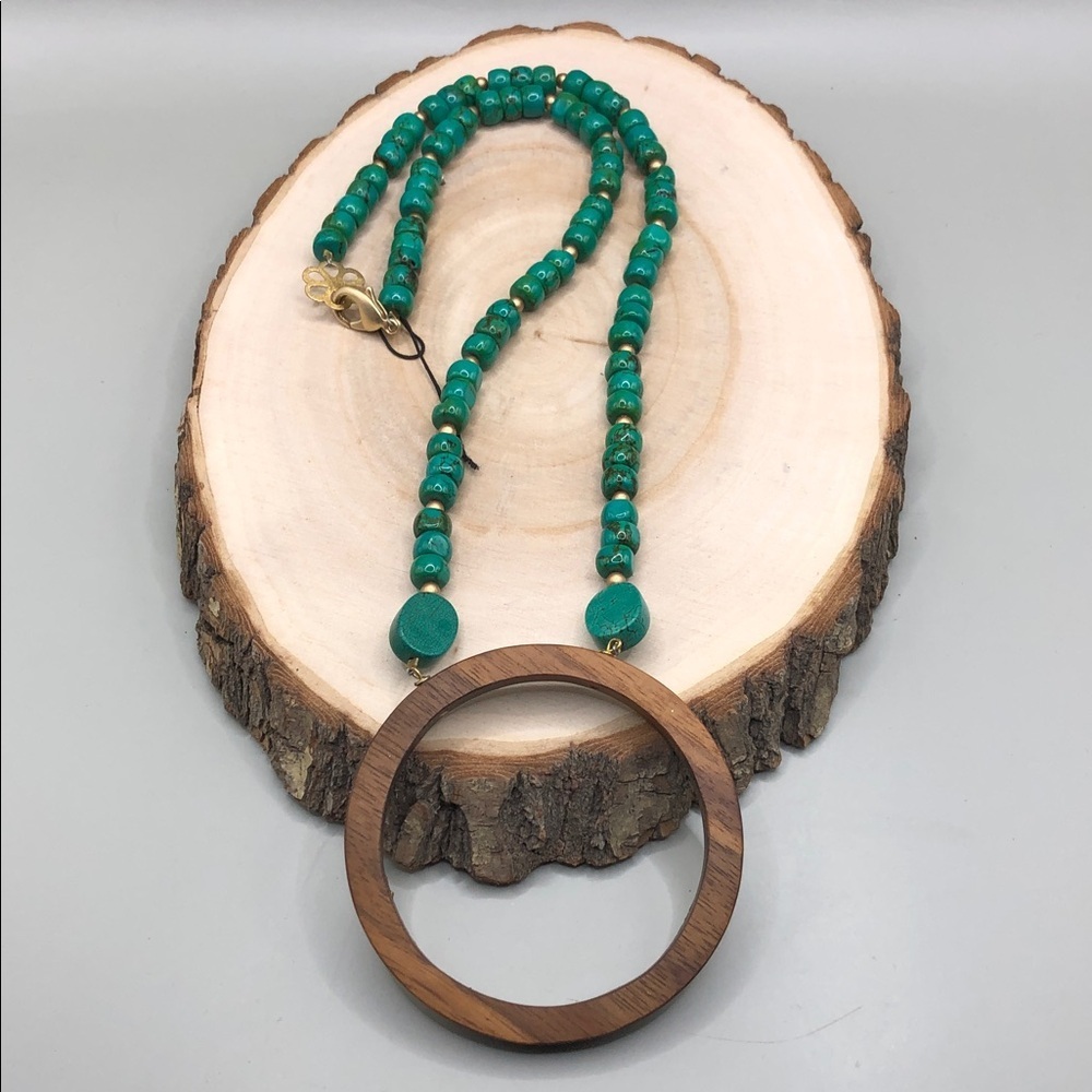 Turquoise bead wooden pendant long necklace boho festival statement pop of color